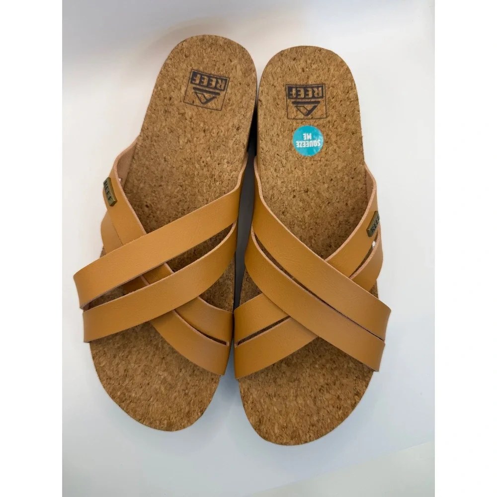 Reef Vista Hi Tan Vegan Leather Platform Sandals Cork Footbed Slides Women 9